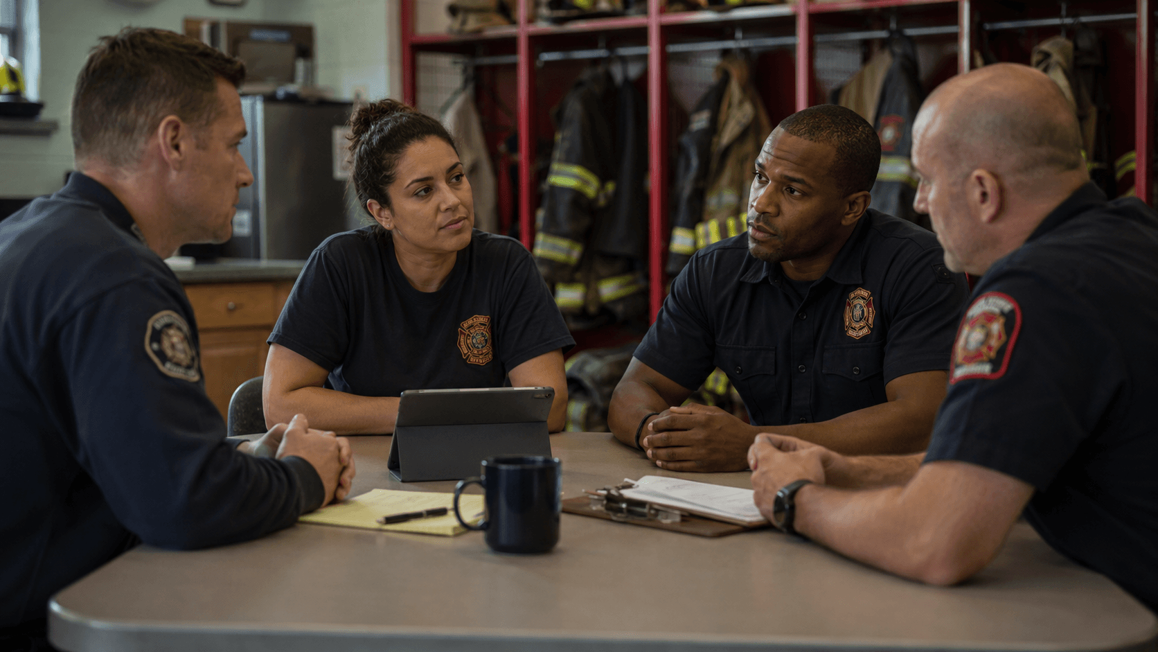 Firefighters reviewing command decisions inside a station