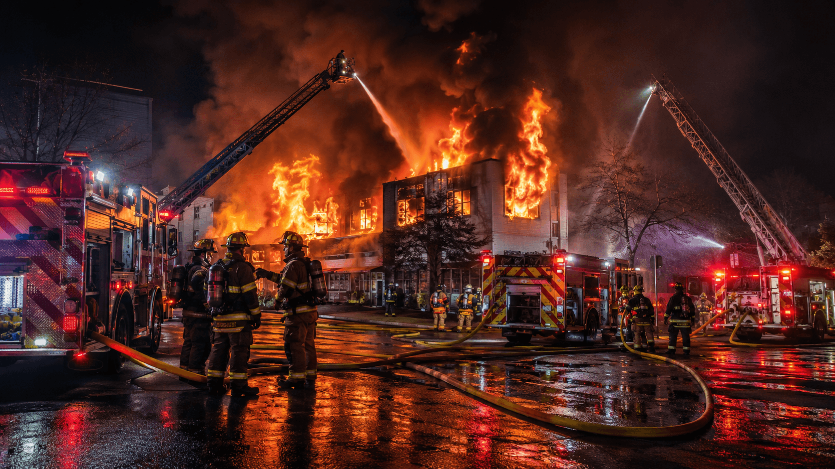 Firefighters coordinating at a large structure fire